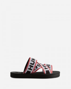 Hunter Elastic Crossover Logo Women Slides Black | 647442814