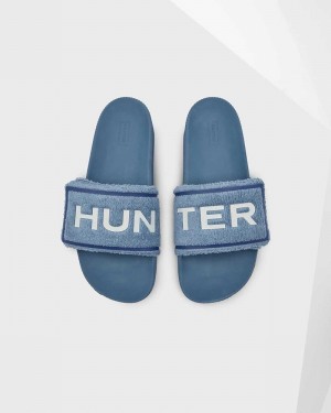 Hunter Original Terry Towelling Logo Adjustable Men Slides Blue | 577773869