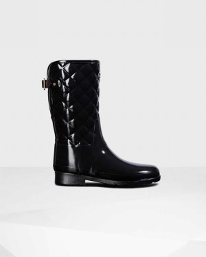 Hunter Refined Slim Fit Adjustable Quilted Short Mid-Calf Women Rain Boots Black | 507164555