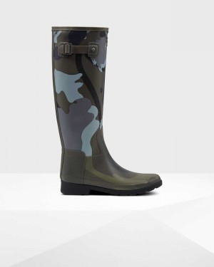 Hunter Refined Slim Fit Rockpool Camo Gum Tall Women Rain Boots Olive | 784825614