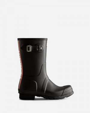 Hunter Tri-Colour Logo Backstrap Short Men Wellington Boots Black | 802763831