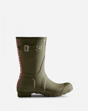 Hunter Tri-Colour Logo Backstrap Short Women Wellington Boots Green | 328159946