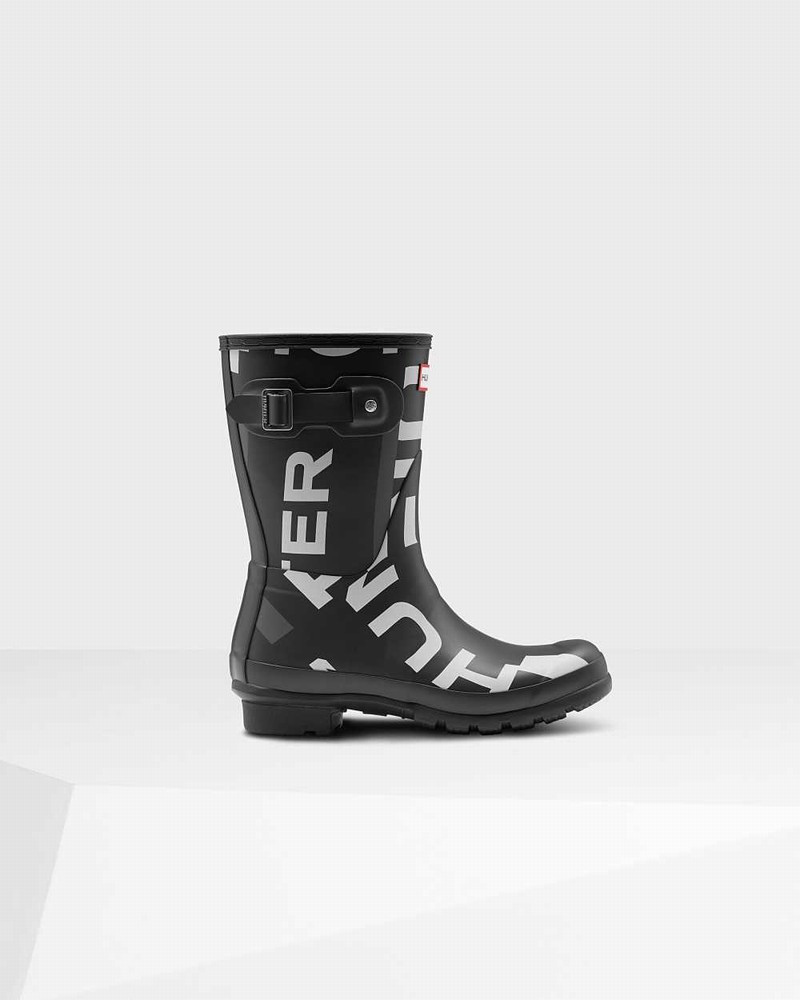 Hunter Original Exploded Logo Short Mid-Calf Women Short Boots Black | 282671156
