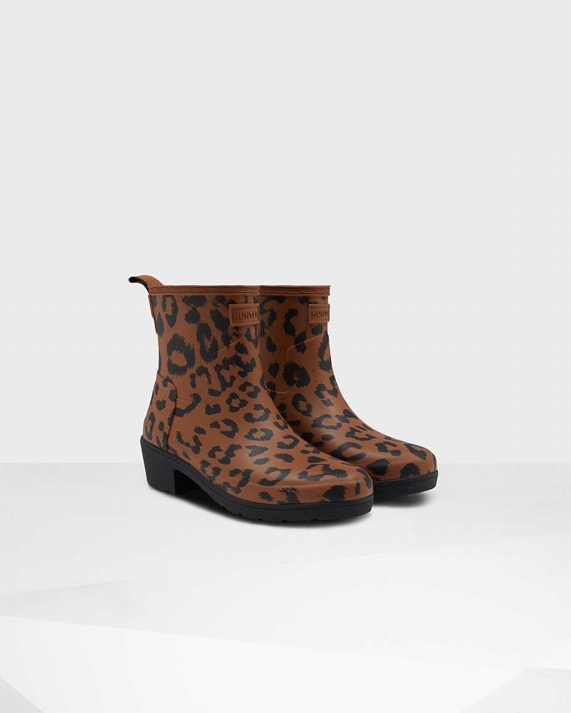 Hunter Original Leopard Print Refined Low Heel Women Ankle Boots Brown | 873830459