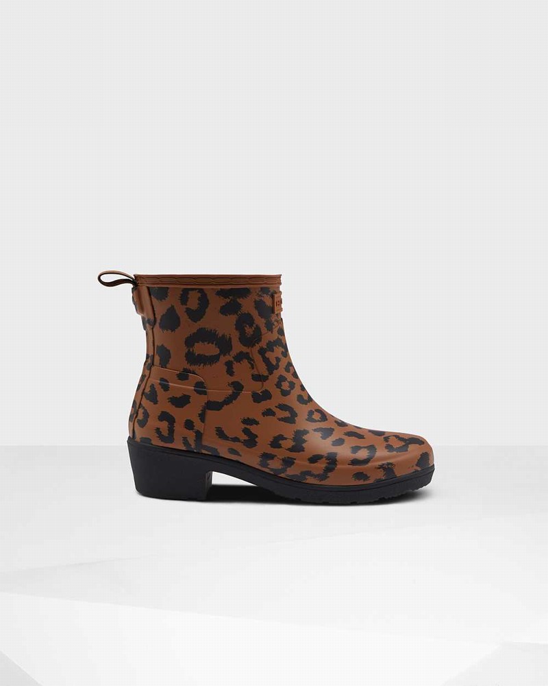 Hunter Original Leopard Print Refined Low Heel Women Ankle Boots Brown | 873830459