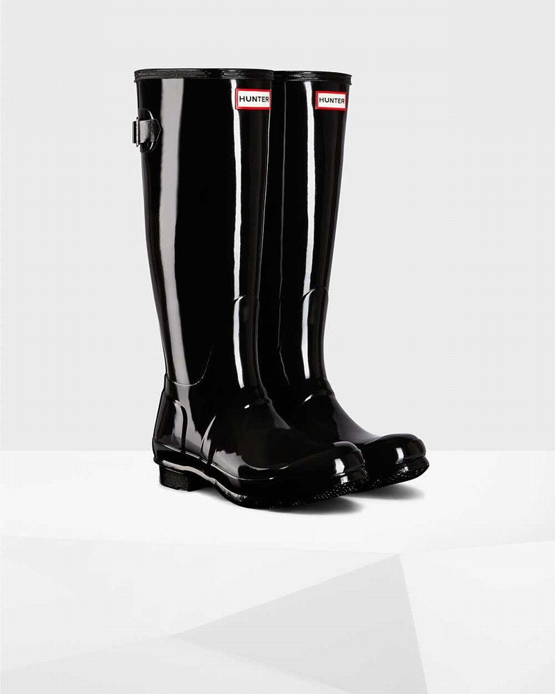 Hunter Original Tall Back Adjustable Women Rain Boots Black | 597669624