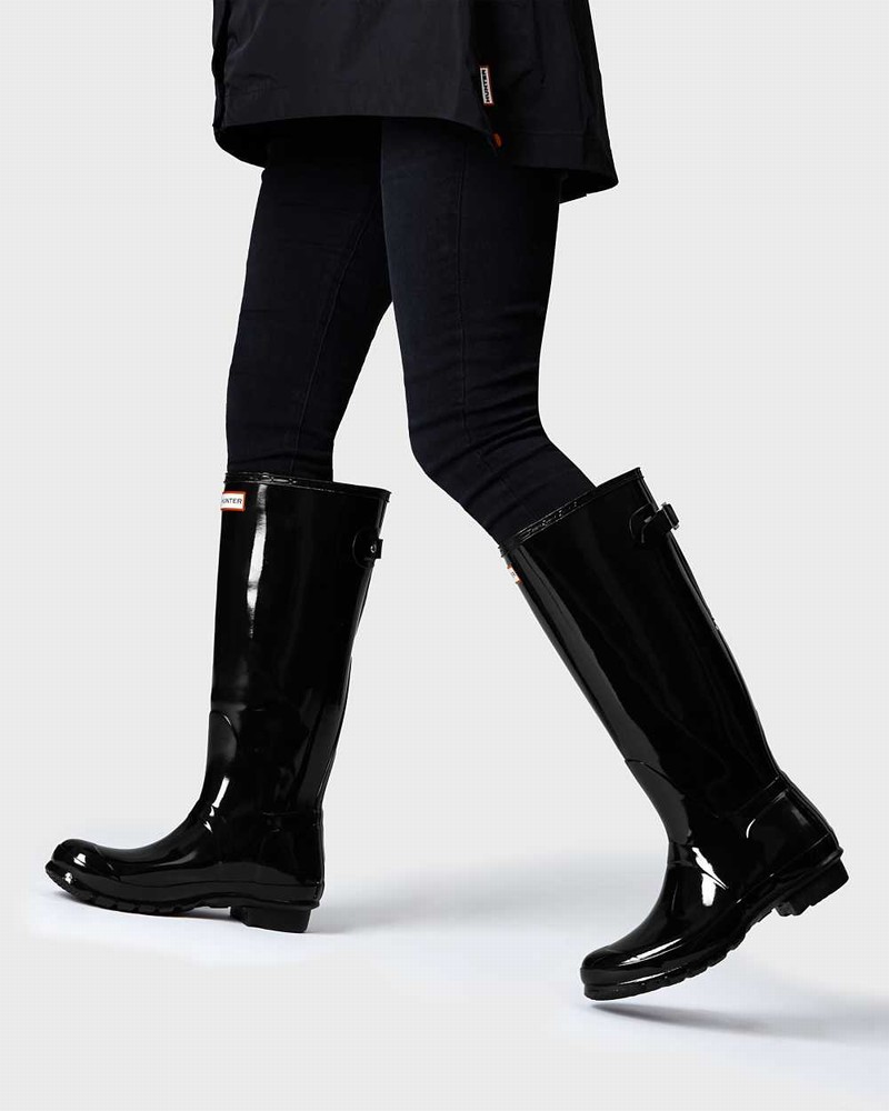 Hunter Original Tall Back Adjustable Women Rain Boots Black | 597669624
