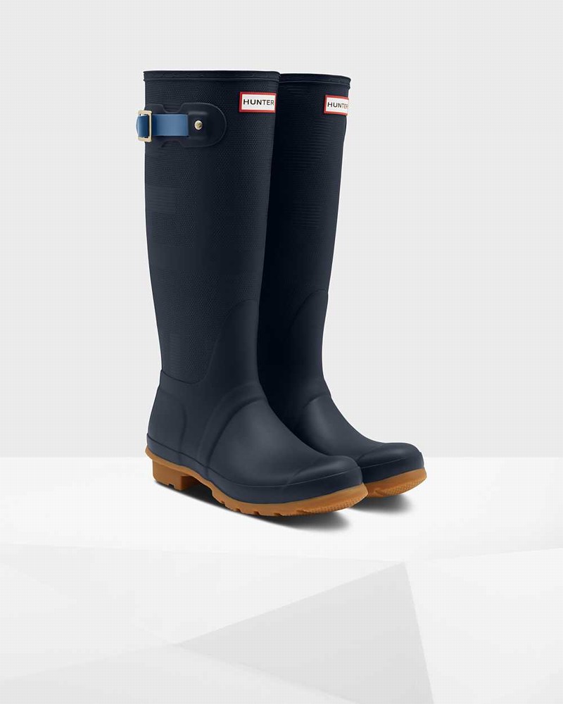 Hunter Original Tall Exploded Logo Texture Women Rain Boots Navy | 726001574