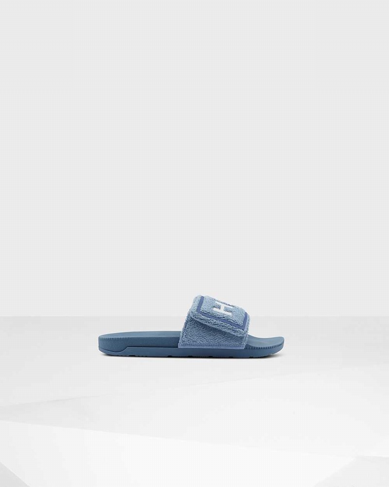 Hunter Original Terry Towelling Logo Adjustable Men Slides Blue | 577773869