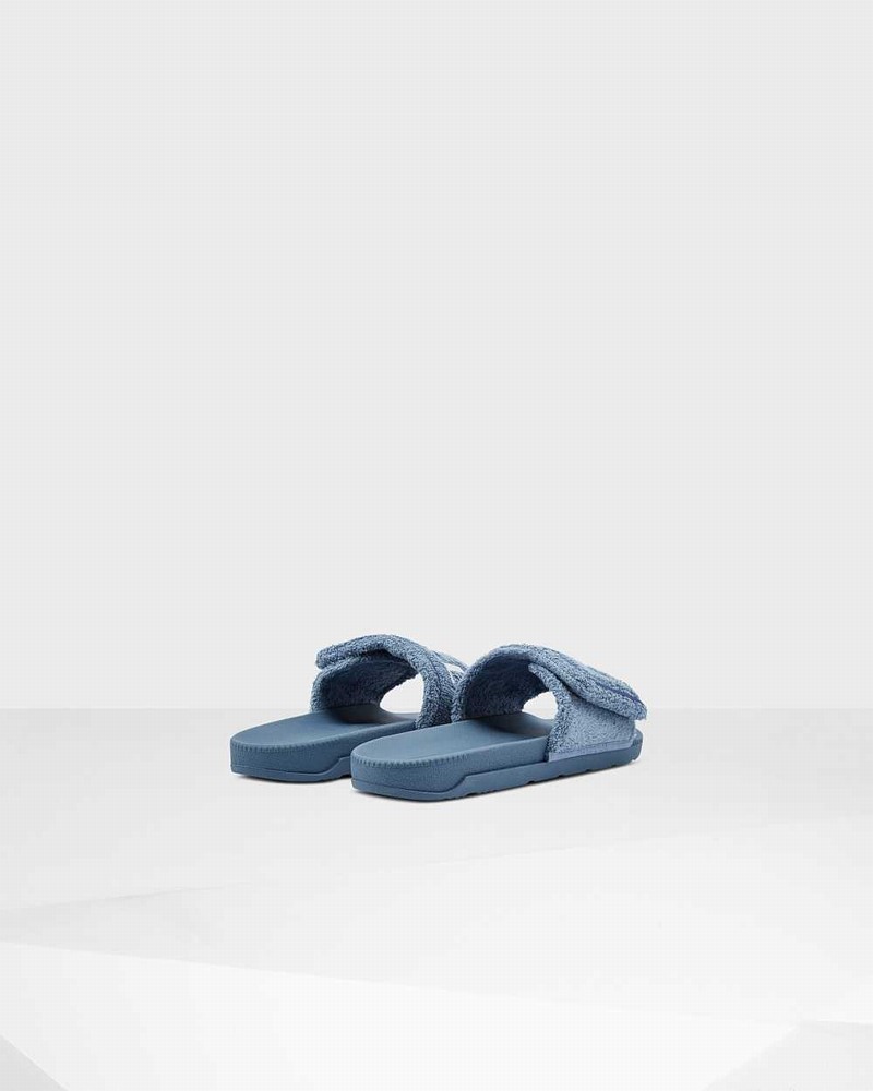 Hunter Original Terry Towelling Logo Adjustable Men Slides Blue | 577773869