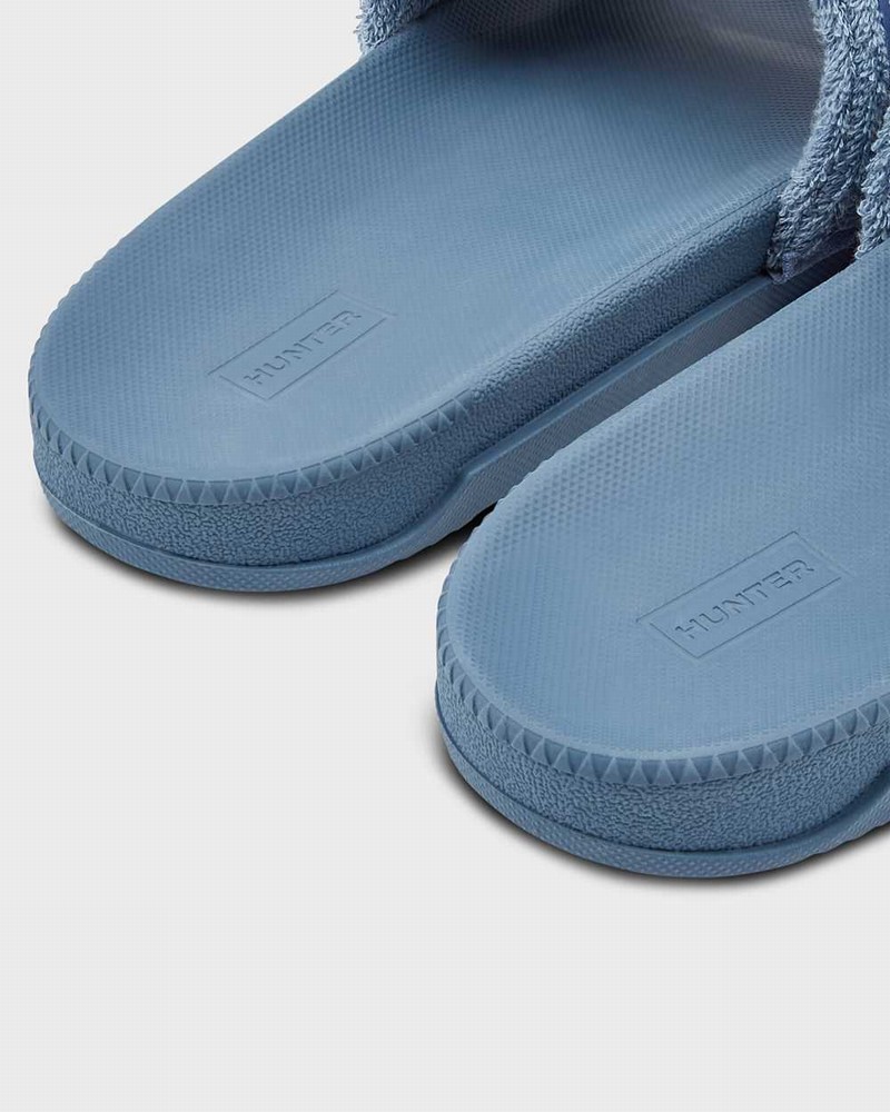 Hunter Original Terry Towelling Logo Adjustable Men Slides Blue | 577773869
