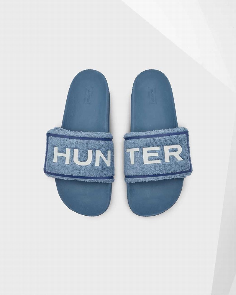 Hunter Original Terry Towelling Logo Adjustable Men Slides Blue | 577773869
