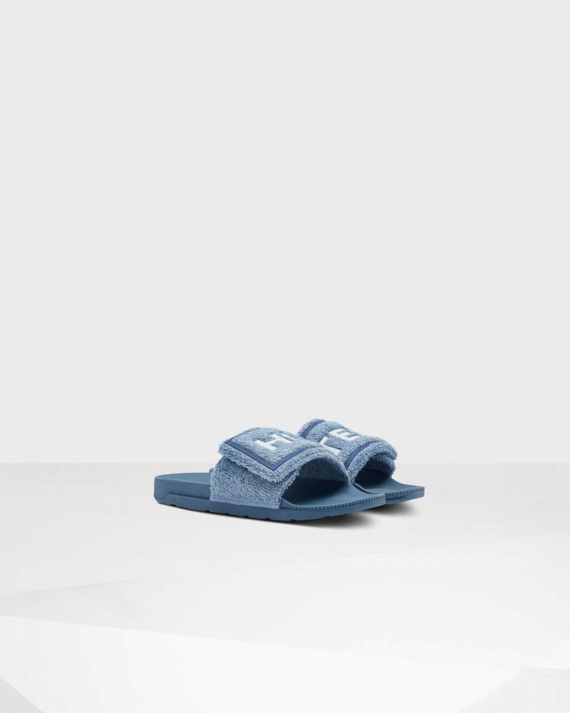 Hunter Original Terry Towelling Logo Adjustable Women Slides Blue | 59310695