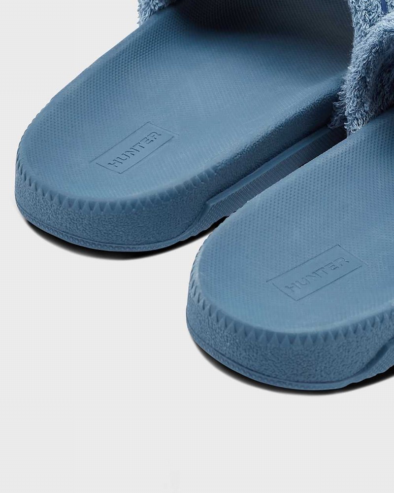 Hunter Original Terry Towelling Logo Adjustable Women Slides Blue | 59310695