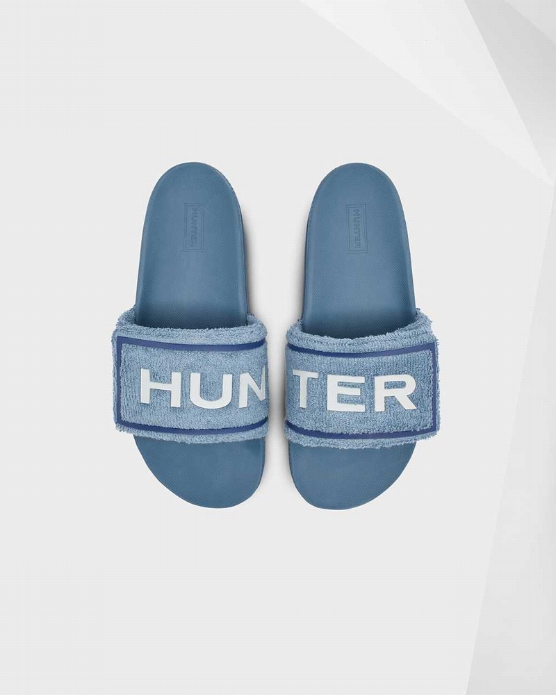 Hunter Original Terry Towelling Logo Adjustable Women Slides Blue | 59310695