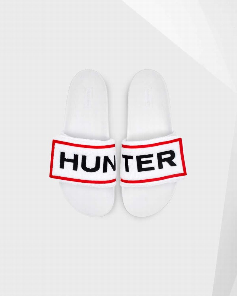 Hunter Original Terry Towelling Logo Adjustable Women Slides White | 49280793