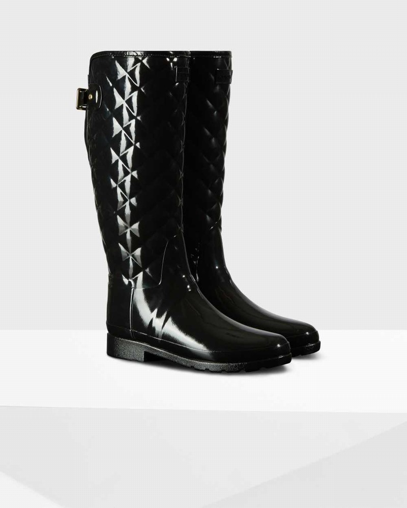 Hunter Refined Slim Fit Adjustable Quilted Tall Women Rain Boots Black | 434519605