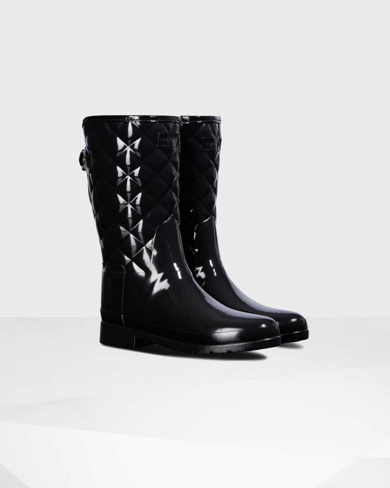 Hunter Refined Slim Fit Adjustable Quilted Short Mid-Calf Women Rain Boots Black | 507164555
