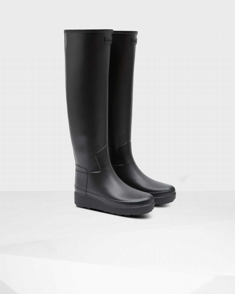 Hunter Refined Slim Fit Creeper Knee-High Women Rain Boots Black | 361492642