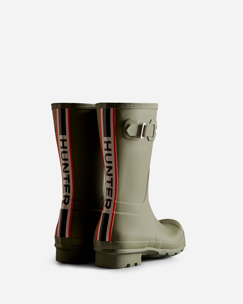 Hunter Tri-Colour Logo Backstrap Short Men Wellington Boots Green | 198099190