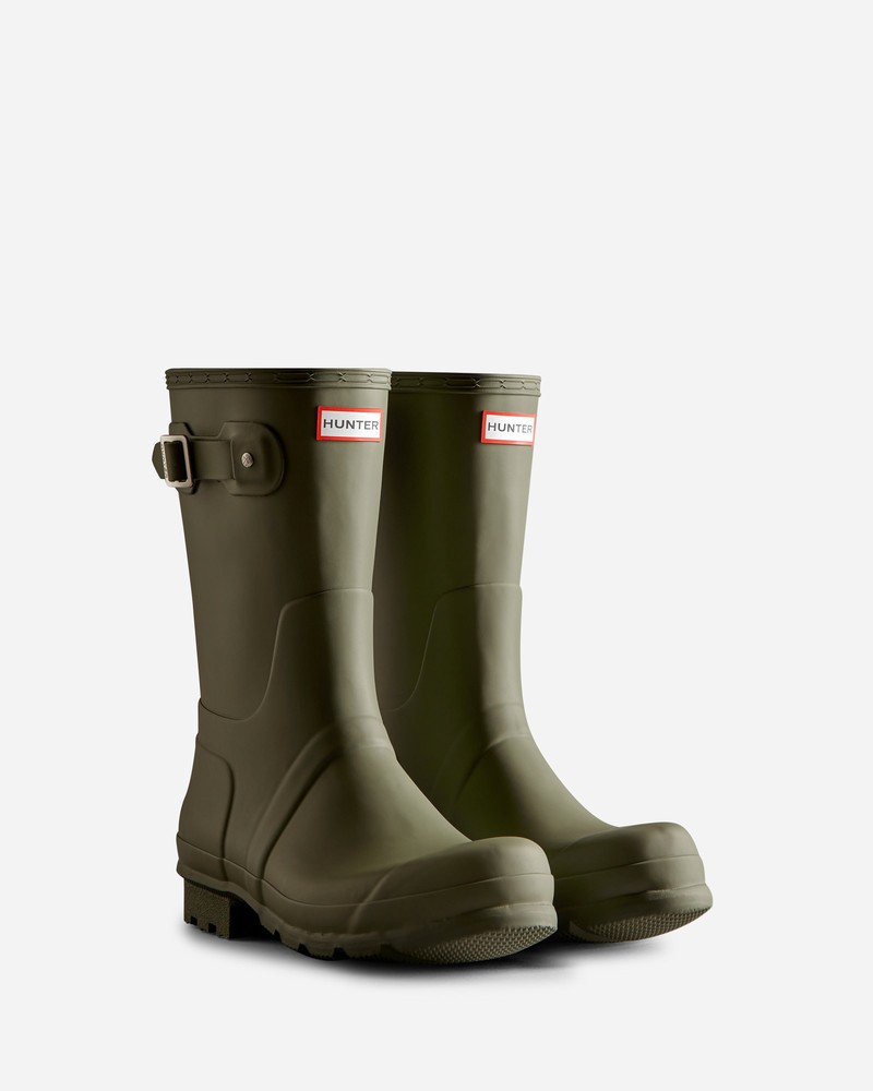 Hunter Tri-Colour Logo Backstrap Short Men Wellington Boots Green | 198099190