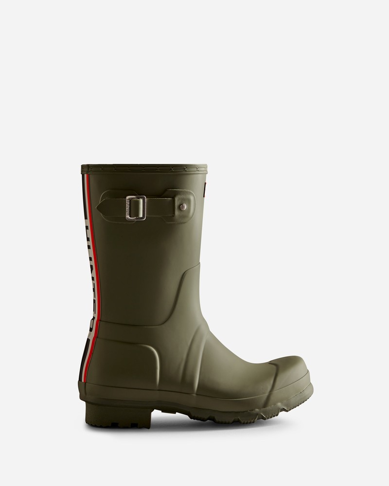 Hunter Tri-Colour Logo Backstrap Short Men Wellington Boots Green | 198099190