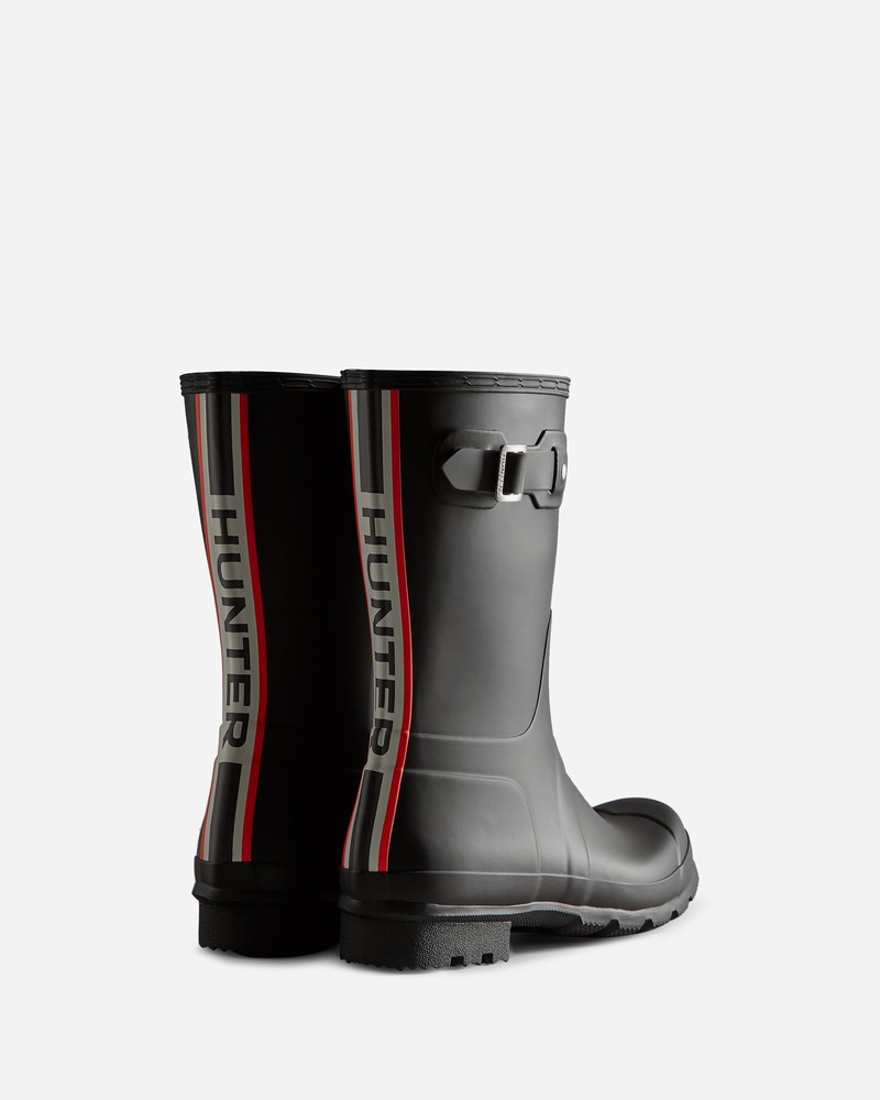 Hunter Tri-Colour Logo Backstrap Short Men Wellington Boots Black | 802763831