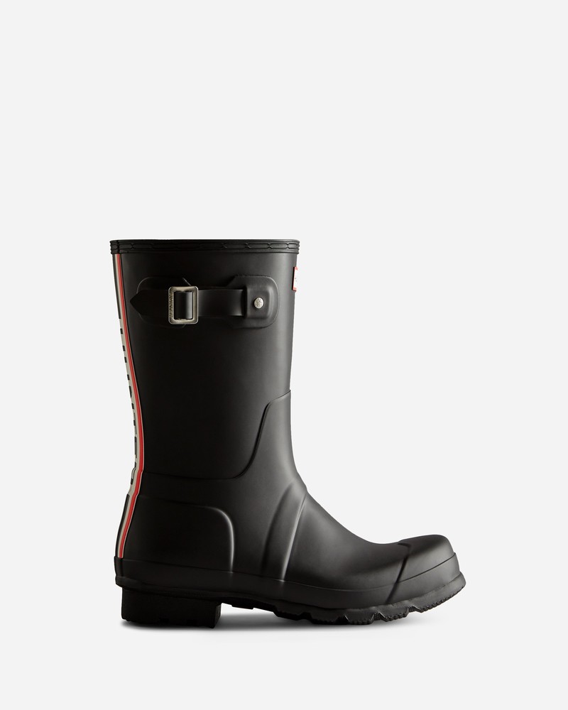 Hunter Tri-Colour Logo Backstrap Short Men Wellington Boots Black | 802763831