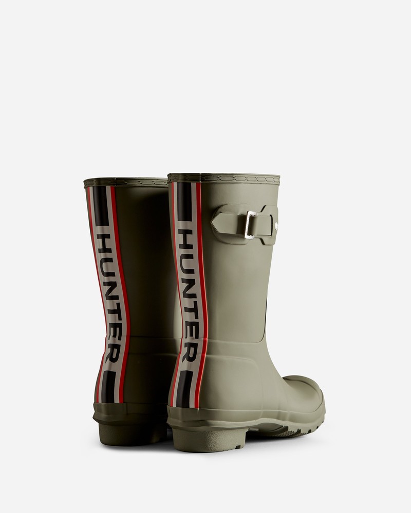 Hunter Tri-Colour Logo Backstrap Short Women Wellington Boots Green | 328159946