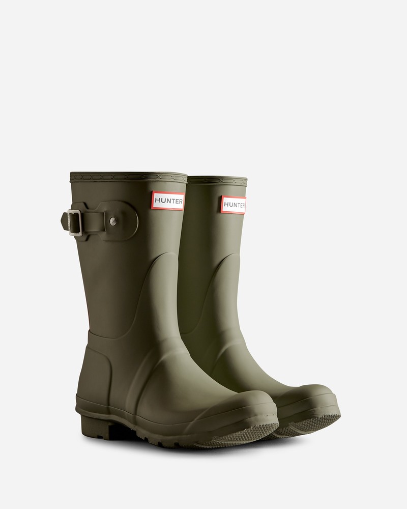 Hunter Tri-Colour Logo Backstrap Short Women Wellington Boots Green | 328159946