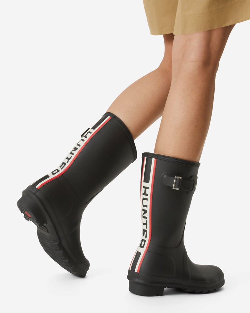 Hunter Tri-Colour Logo Backstrap Short Women Wellington Boots Black | 819532961